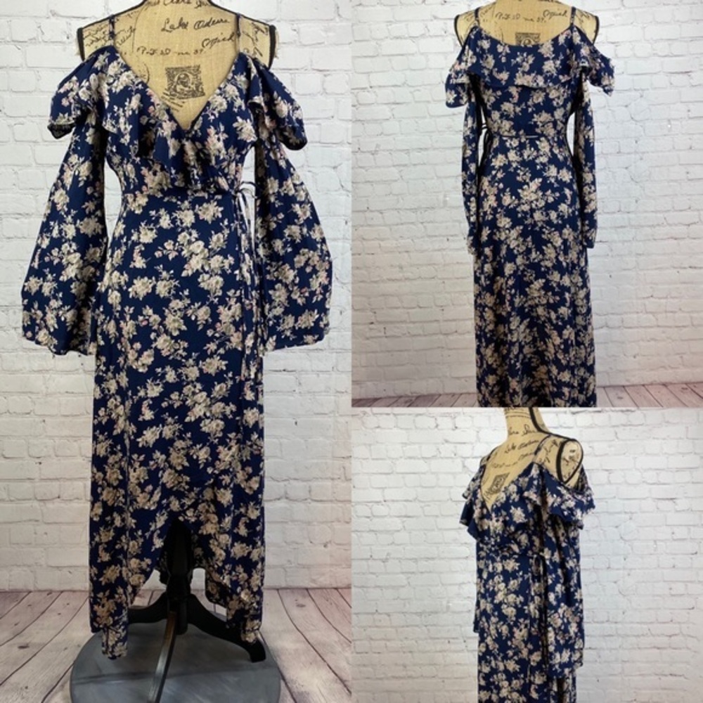 Lunik Cold Shoulder Ruffled Bell Sleeve High Lo Wrap Maxi